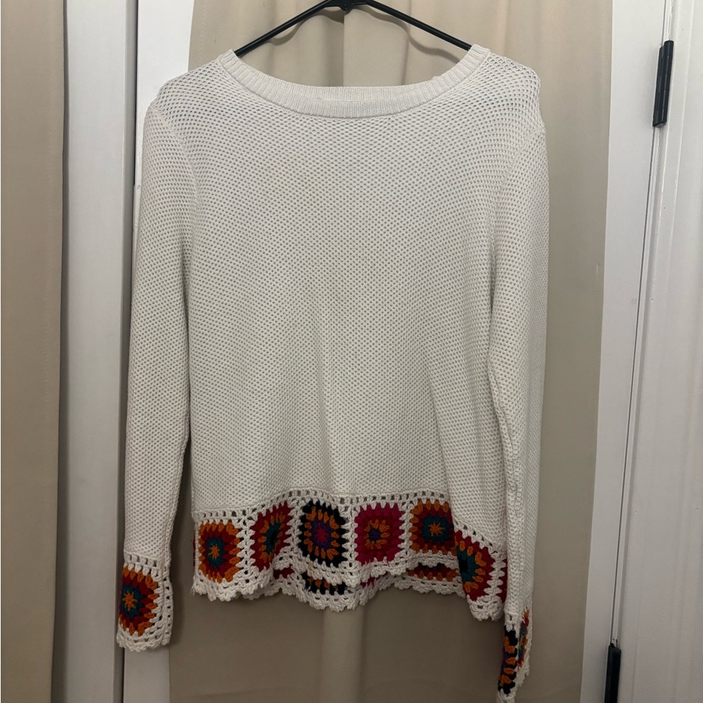 VINTAGE White Sweater with Colorful Crochet Accents